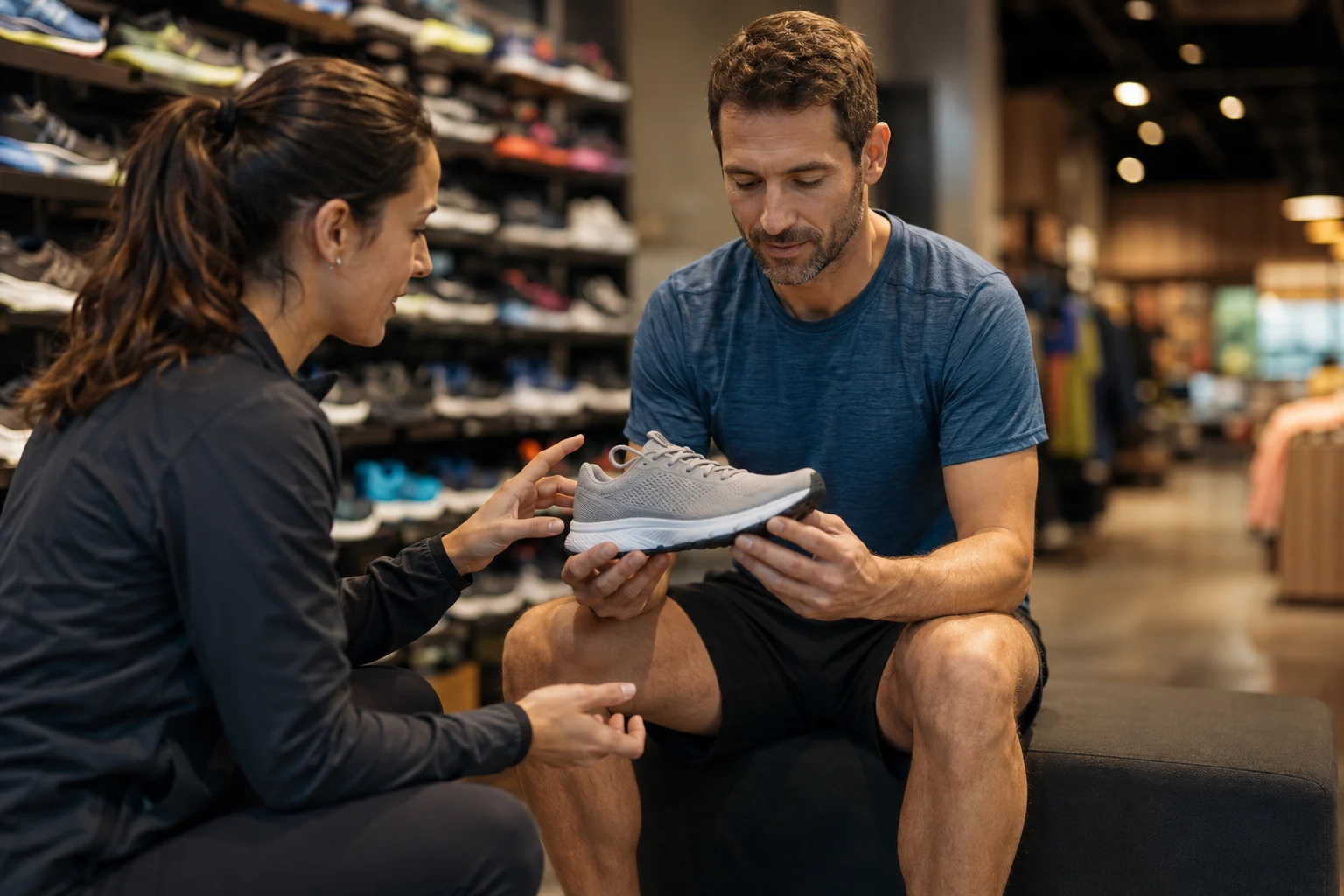 Persona eligiendo zapatillas de running con calma en una tienda especialista