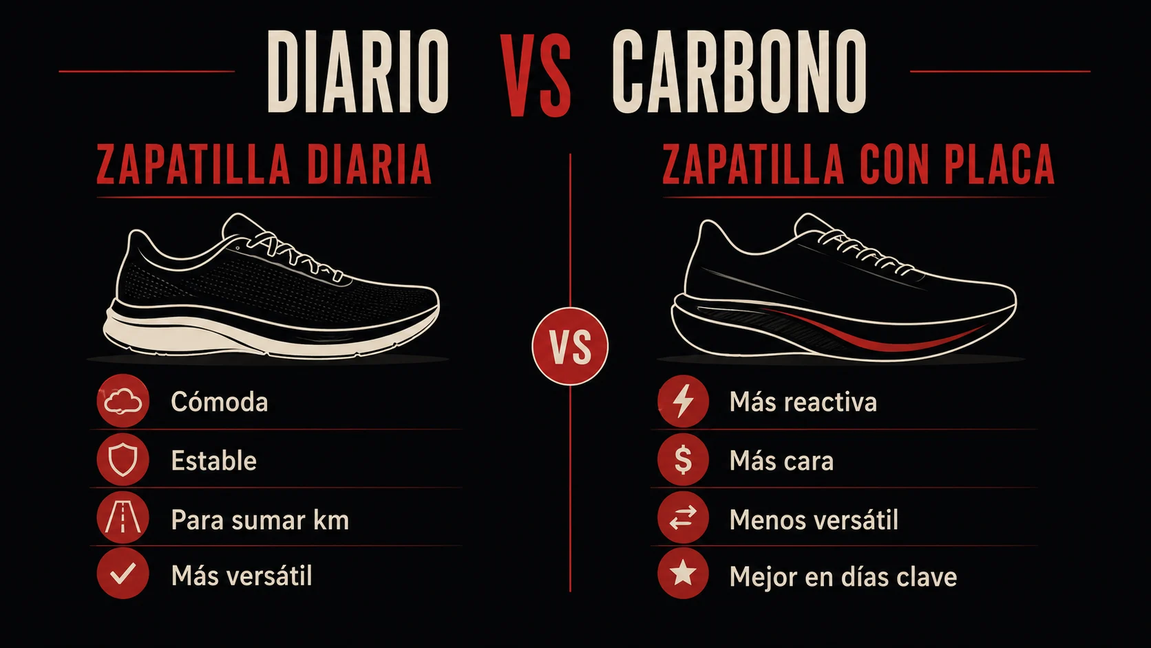 Comparativa visual entre zapatillas de running diarias y zapatillas con placa de carbono