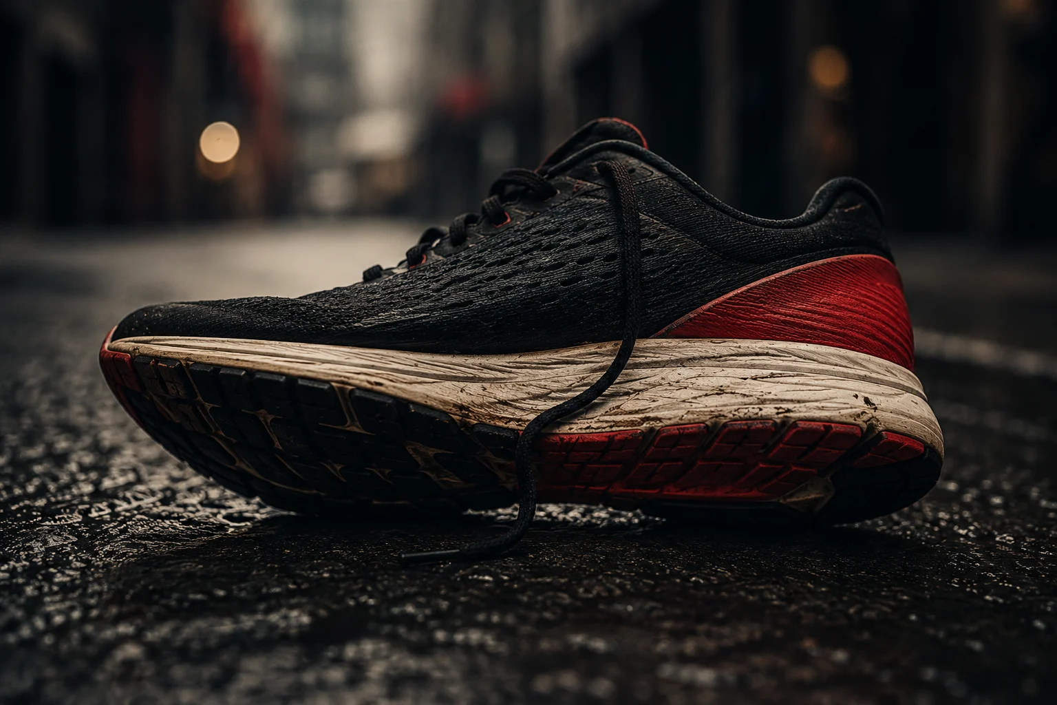 Suela y mediasuela de unas zapatillas de running con señales de uso y desgaste