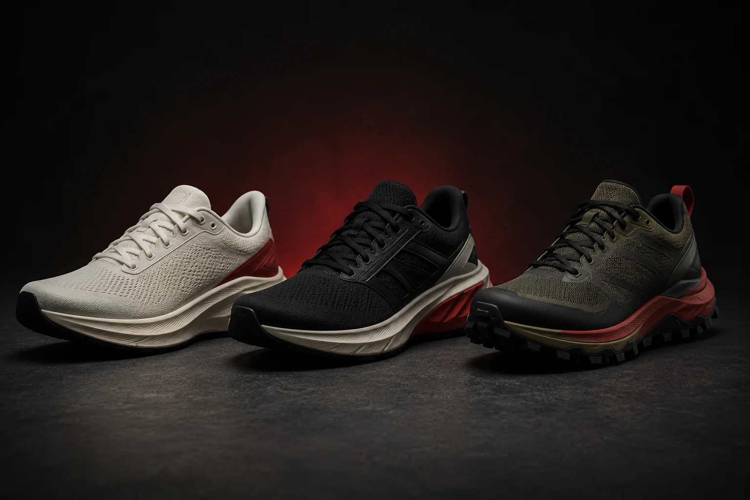 Diferentes tipos de zapatillas de running sobre fondo oscuro: asfalto, estabilidad y trail