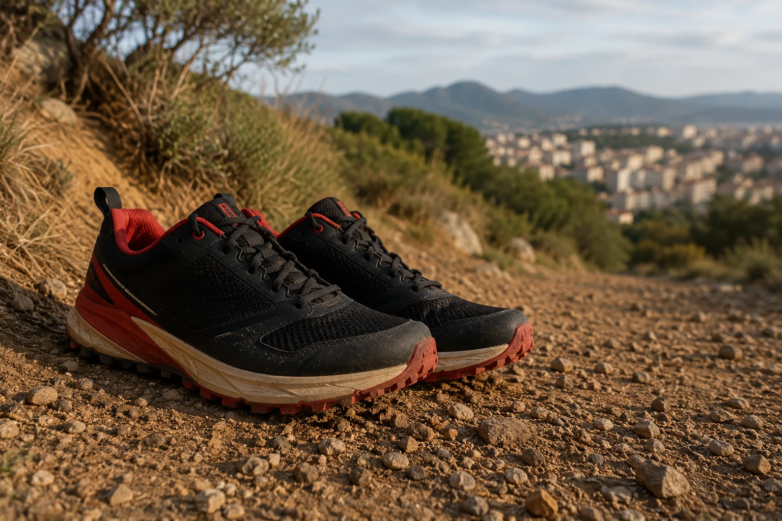 Zapatillas de trail running sobre tierra compacta en un entorno natural cercano