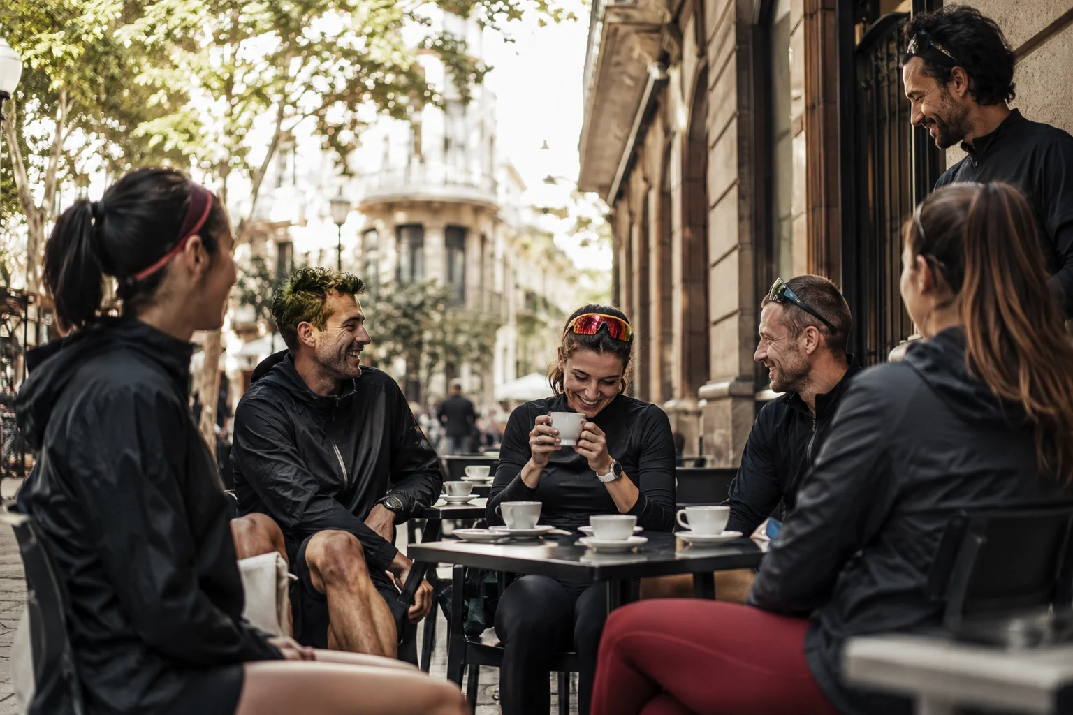 Grupo tomando café después de correr en Reus durante un plan de domingo