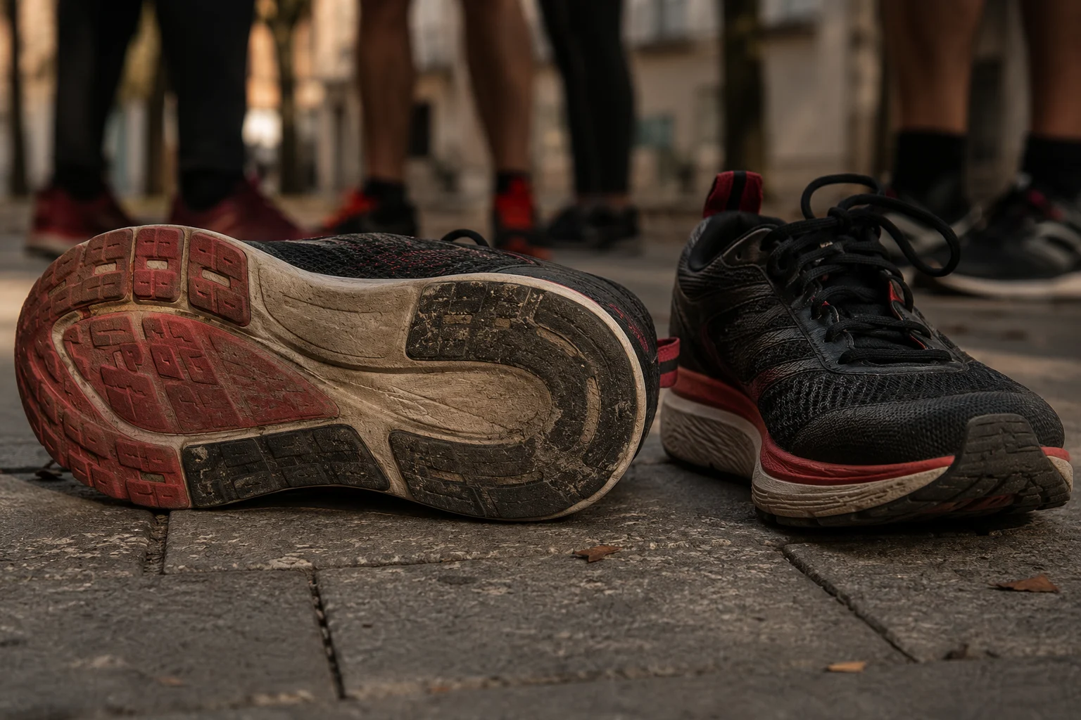 Suela gastada de unas zapatillas de running sobre el pavimento