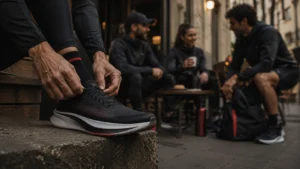 Corredores preparando zapatillas con placa de carbono antes de un social run en Reus